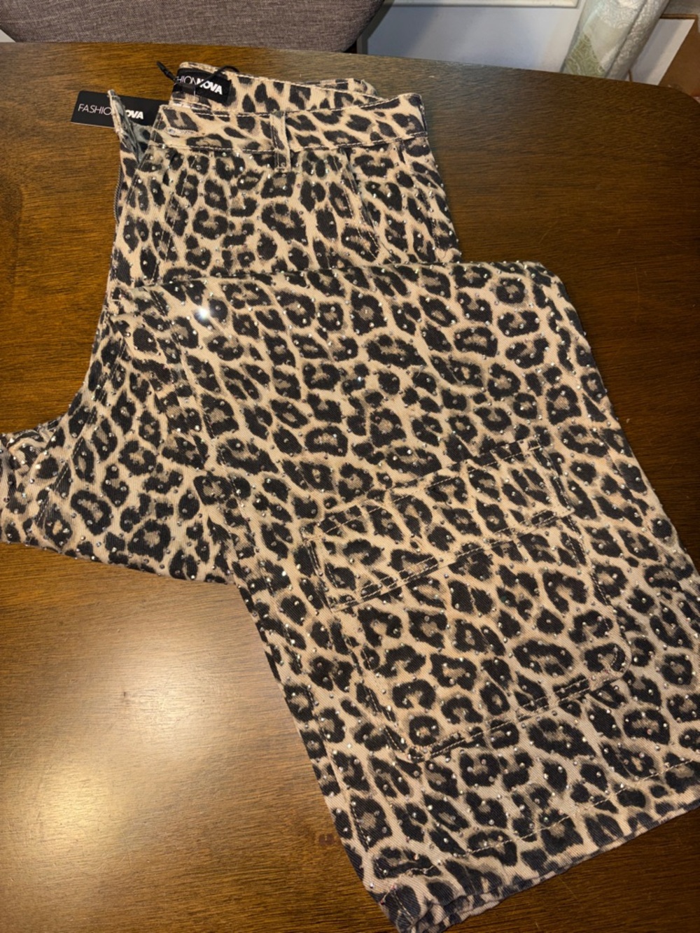 Fashion Nova Beige and Black Sequin Leopard print pants